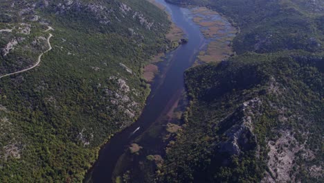 Tilt-up-shot-of-Lake-skadar-Montenegro-green-scenery-during-bright-day,-aerial