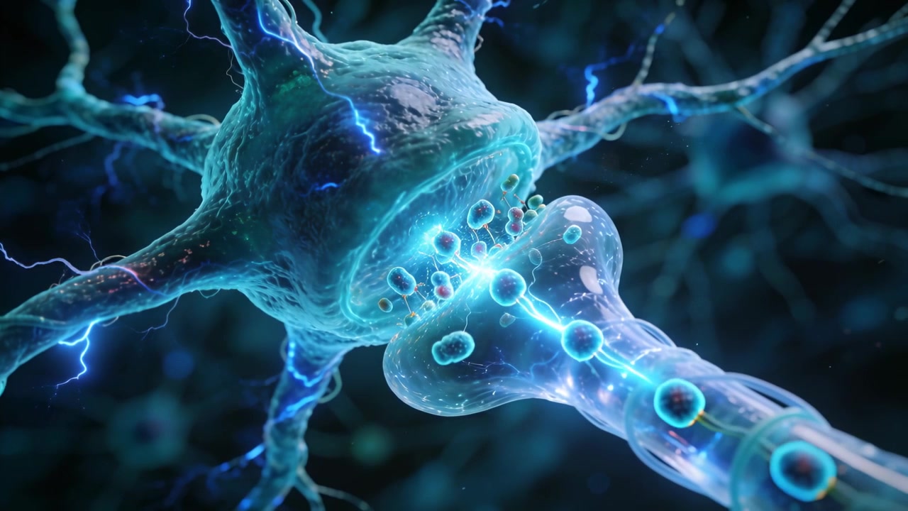 Terminale presinaptico che rilascia vescicole sinaptiche a una sinapsi microscopica, con un impulso elettrico in arrivo.
