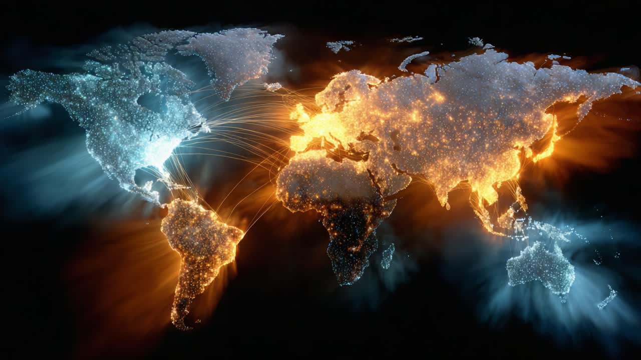 Illuminated World Map Visualization Representing Global Connections with Distinct Color Patterns Highlighting Different Regions and Data Flow Trends