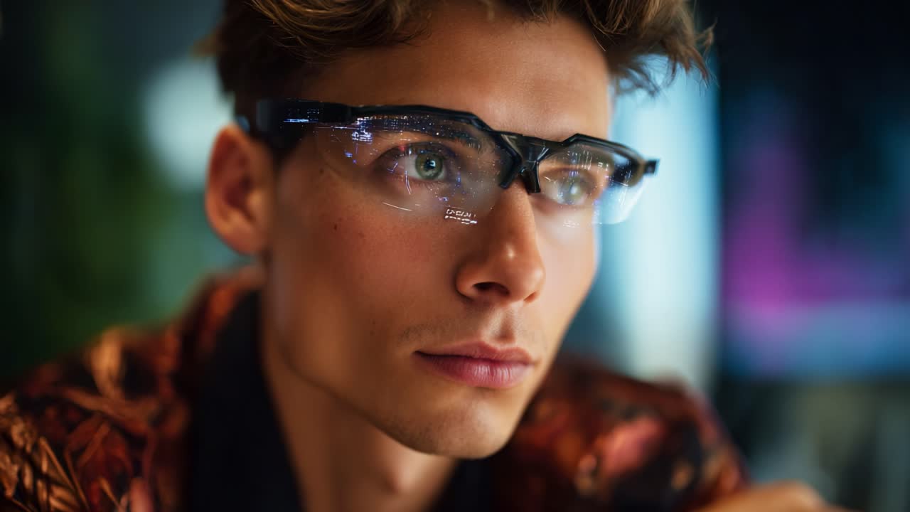 Futuristic Smart Glasses on a Young Man's Face, Showcasing Cutting-Edge Technology with Glowing Lenses and a Focused Expression in a Modern Environment