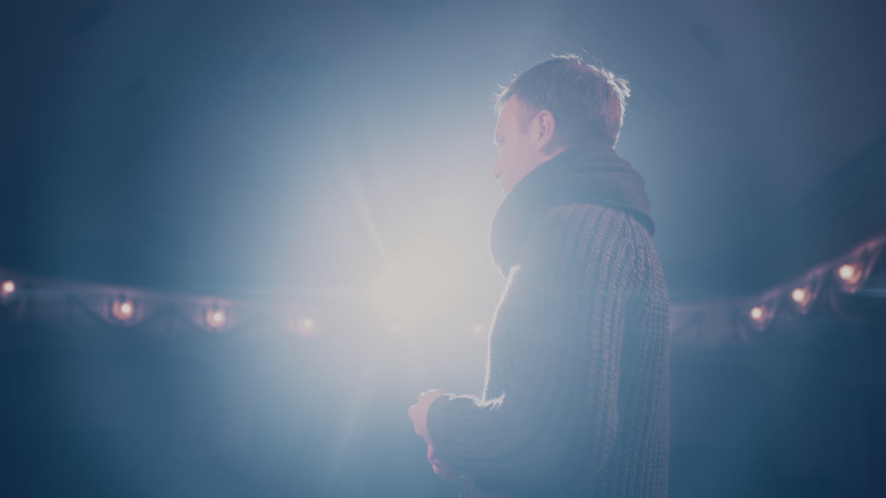 Actor on Classic Theater Stage Man is Speaking in Spotlights during the Performance Actor on Classic Theater Stage Man is Speaking in Spotlights during the Performance side View Video