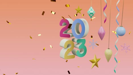 Animation-of-confetti-falling-over-2023-text-and-decorations-on-orange-background