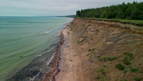 bluffs formed by coastal erosion at jurkalne seashore in latvia - aerial flyover