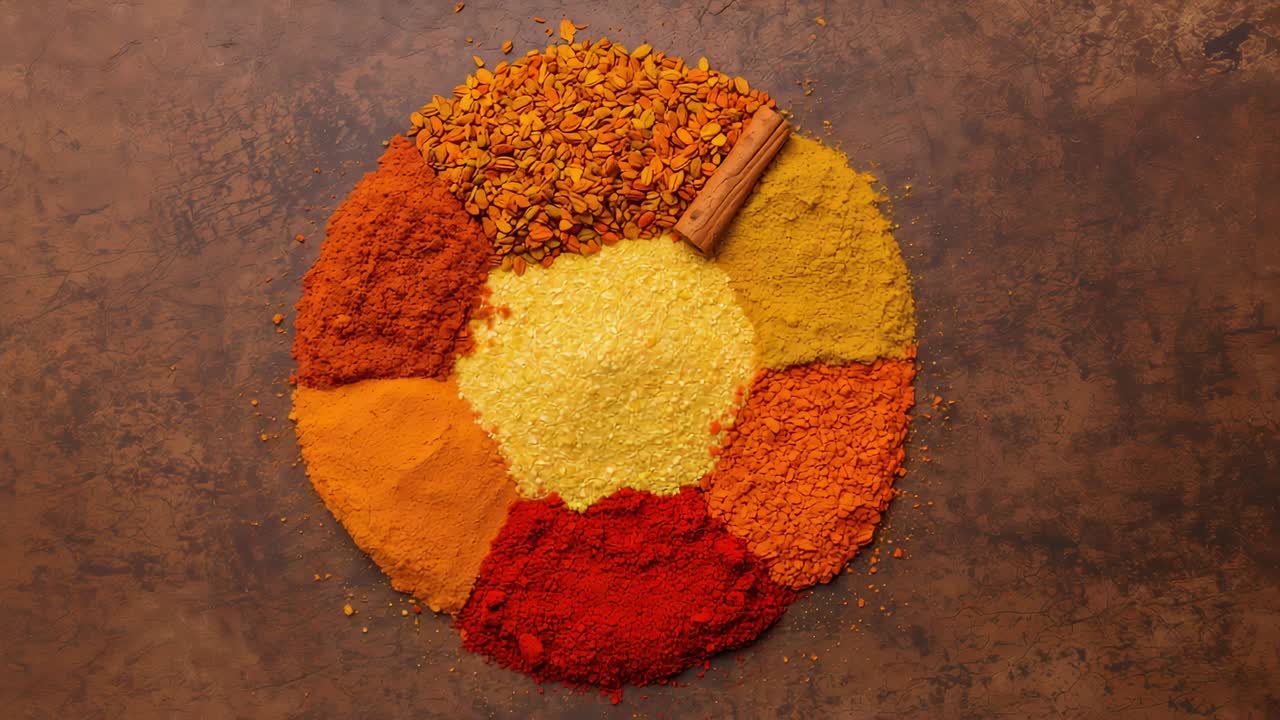 Advancing frames showing central yellow pile, six spice piles settling on wood, cinnamon stick
