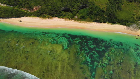 bird's eye view of quiet oceanic waves hitting the tropical beach in south bali