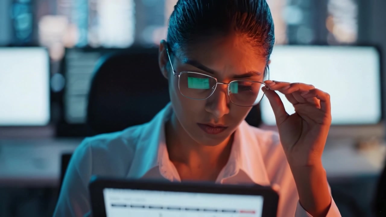 Focused professional analyzing data on a tablet in a modern office environment, surrounded by illuminated screens, showcasing dedication and concentration.