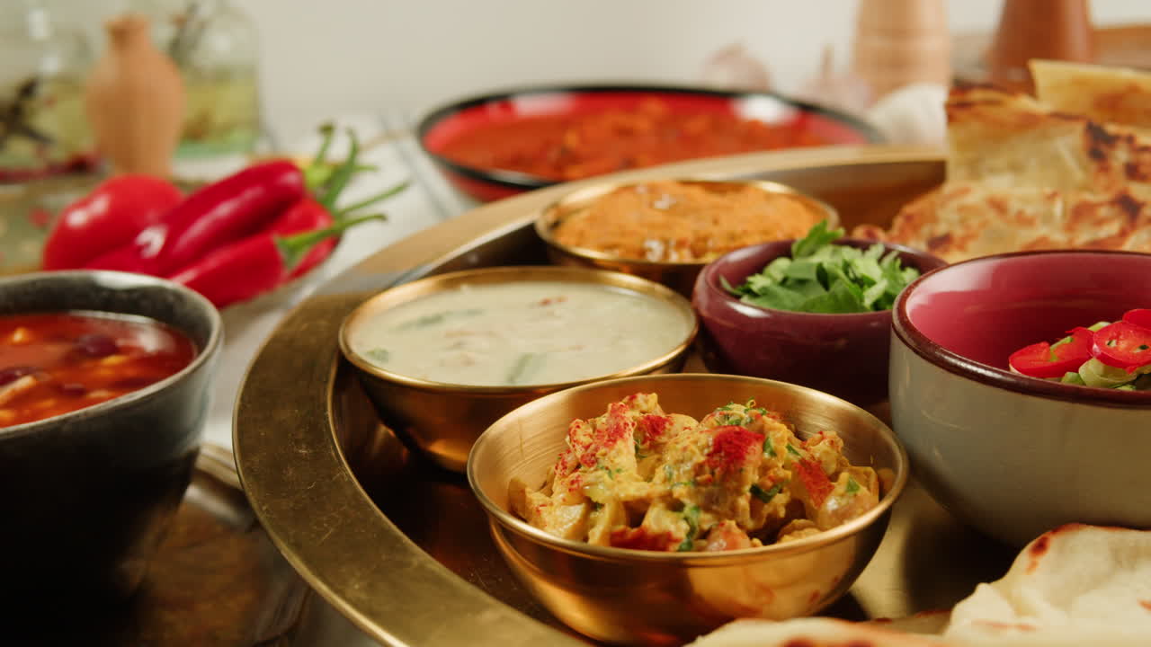 Assorted indian sri-lanka food set on wooden background. Dishes and appetisers of indeed cuisine, rice, lentils, paneer, samosa, spices, masala. Bowls and plates with indian food top view chicken. High quality 4k footage