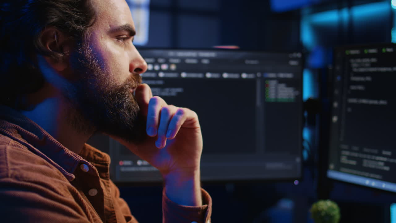 Software engineer puzzled in front of computer screen while writing complex code