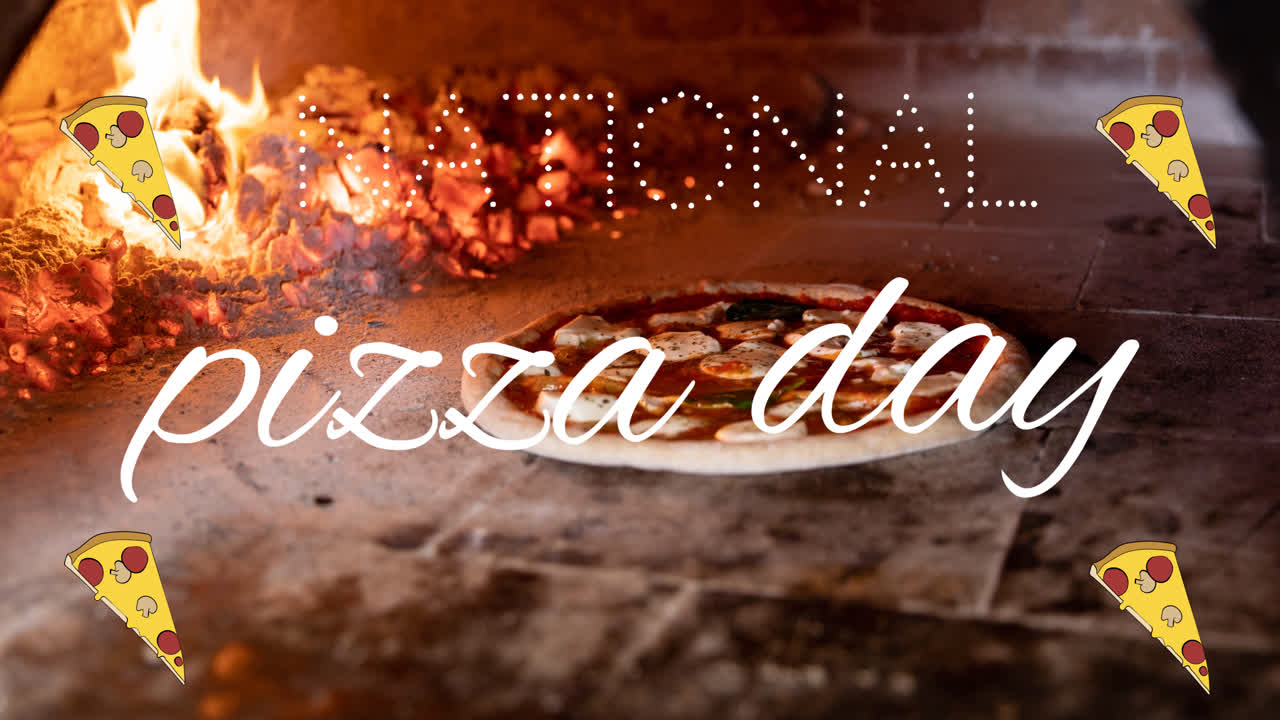 animación de iconos de pizza y texto del día nacional de la pizza sobre pizza fresca