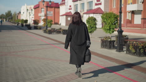 back view of lady walking in black clothing along paved urban street during sunny day, carrying handbag and briefcase, surrounded by modern buildings, with distant figure blurred
