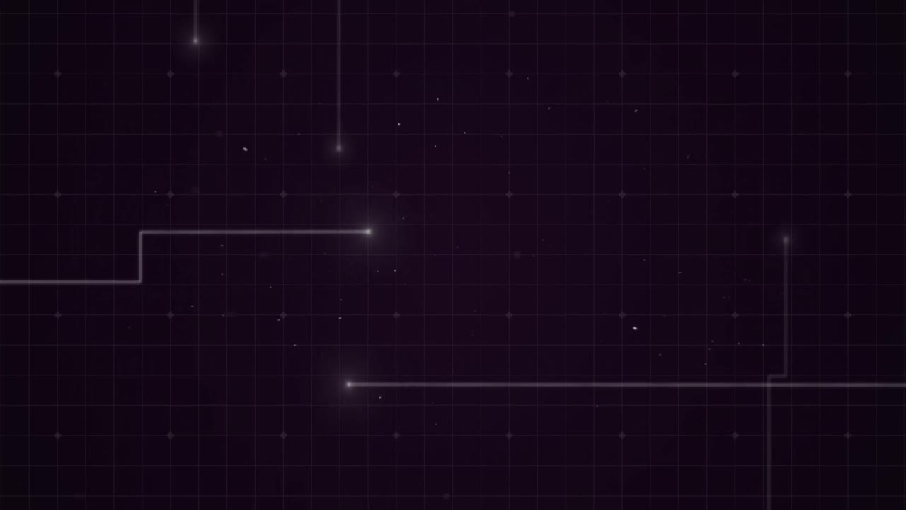 보라색 배경에 그리드를 형성하는 빛의 흔적과 함께 반 ⁇ 이는 점의 애니메이션