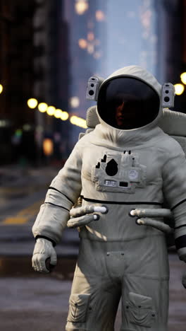 astronaut walking through a futuristic city