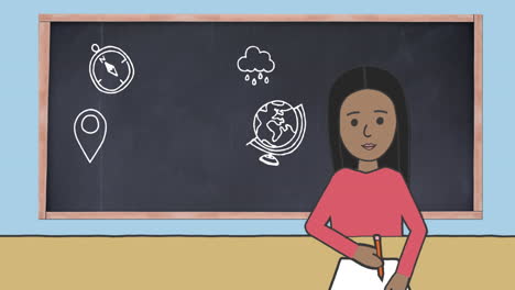 animación de iconos escolares en la pizarra y escolares escribiendo sobre un fondo azul
