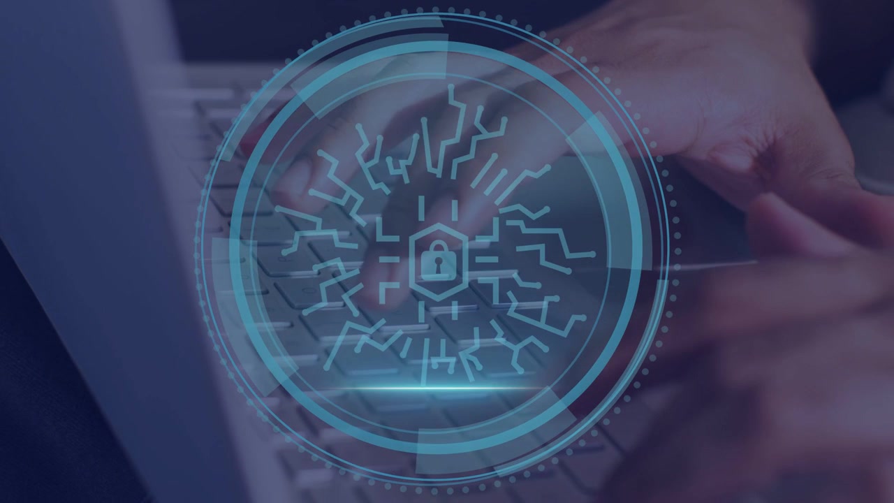 Male typing laptop activating cybersecurity HUD over hands, rings forming, padlock securing data