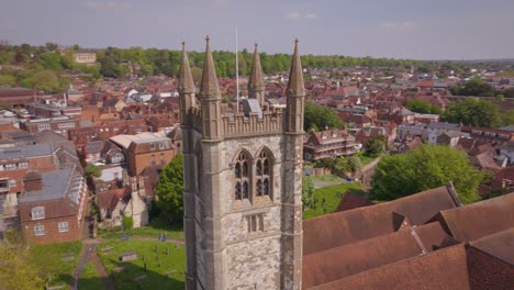 180 drone shot of a church tower