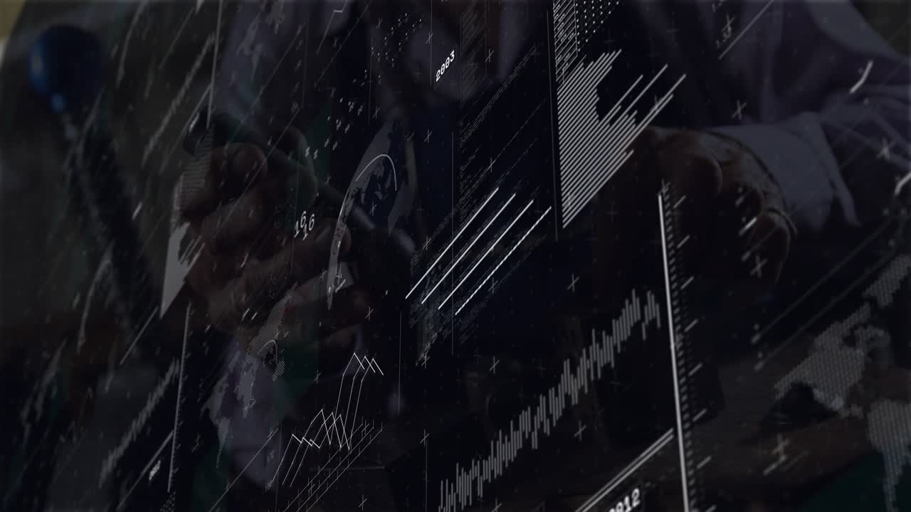 Office worker stamping paper and updating finance data with circular gauge, map overlay and charts