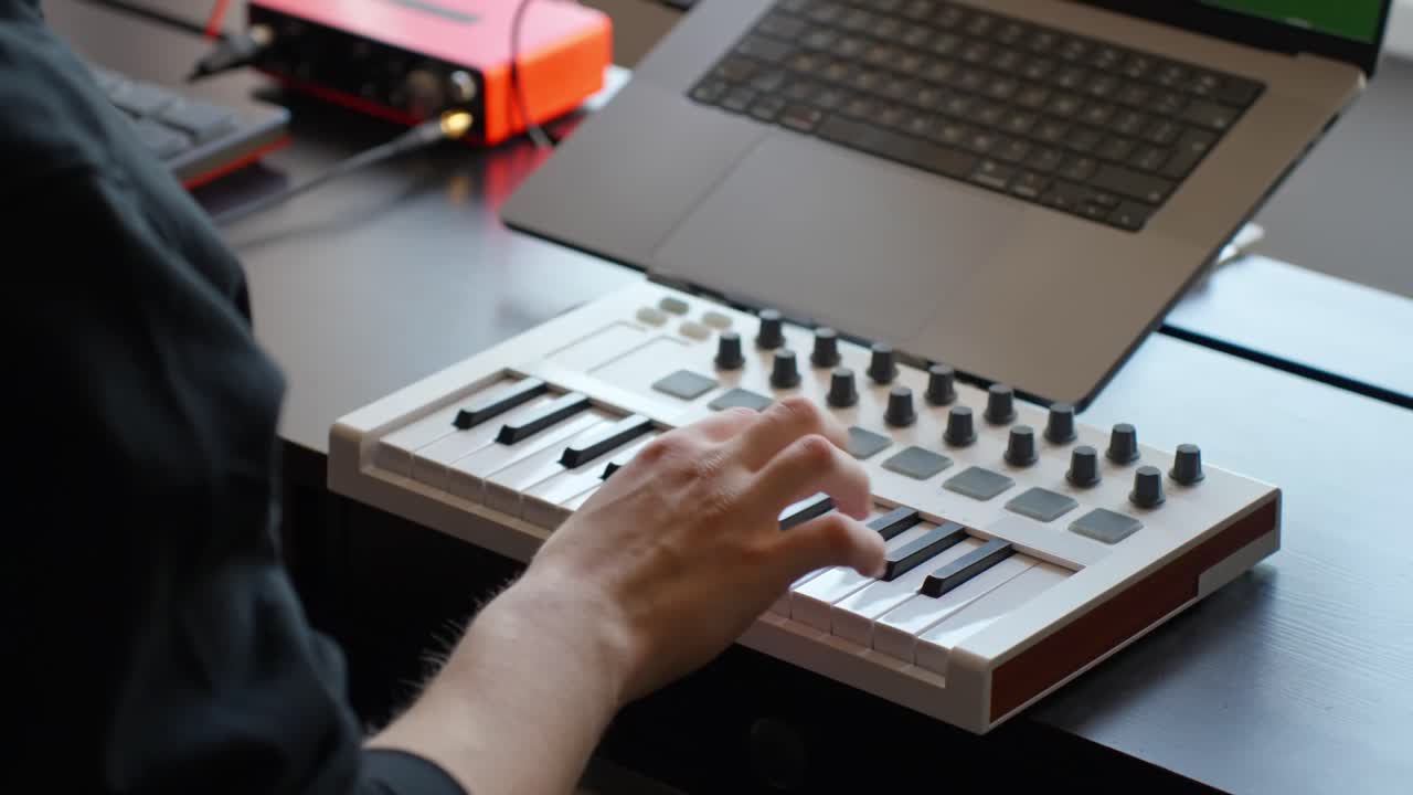 Music producer creating digital music compositions, utilizing a midi keyboard and laptop in a modern home studio, focusing on music production and audio mixing