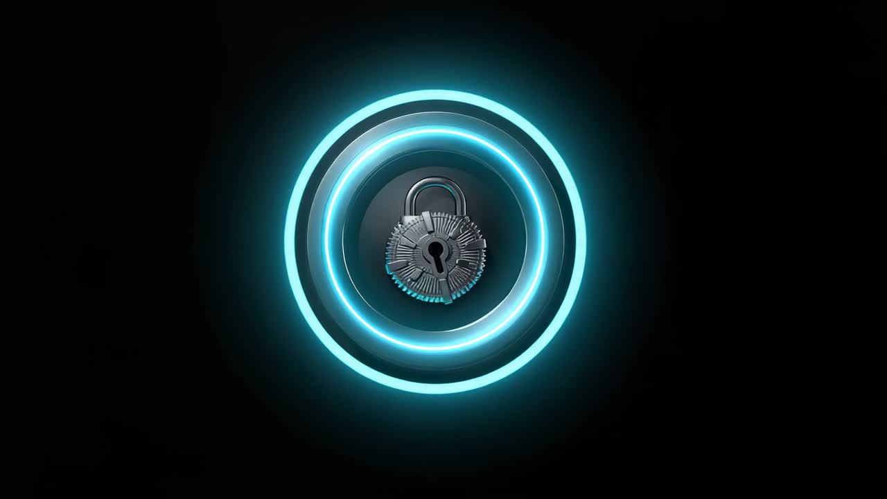 Displaying metallic padlock icon at dark bezel, neon blue arc sweeping into ring and pulsing
