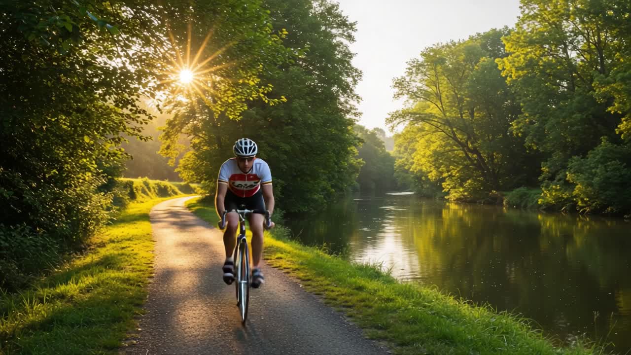 En cyklist cykler langs en naturskøn sti ved siden af en kanal med solen skinnende gennem træerne