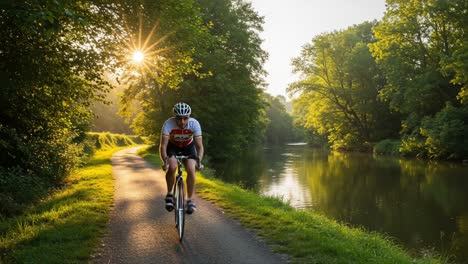 a cyclist rides along a scenic path next to a canal with the sun shining through the trees
