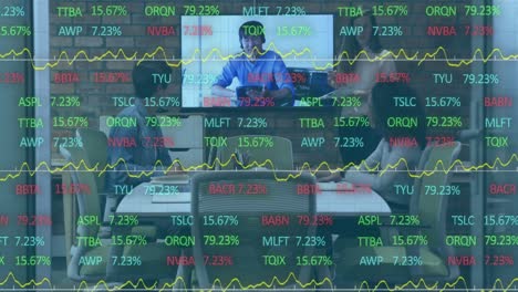 animation of stock market data processing over diverse colleagues having video conference at office