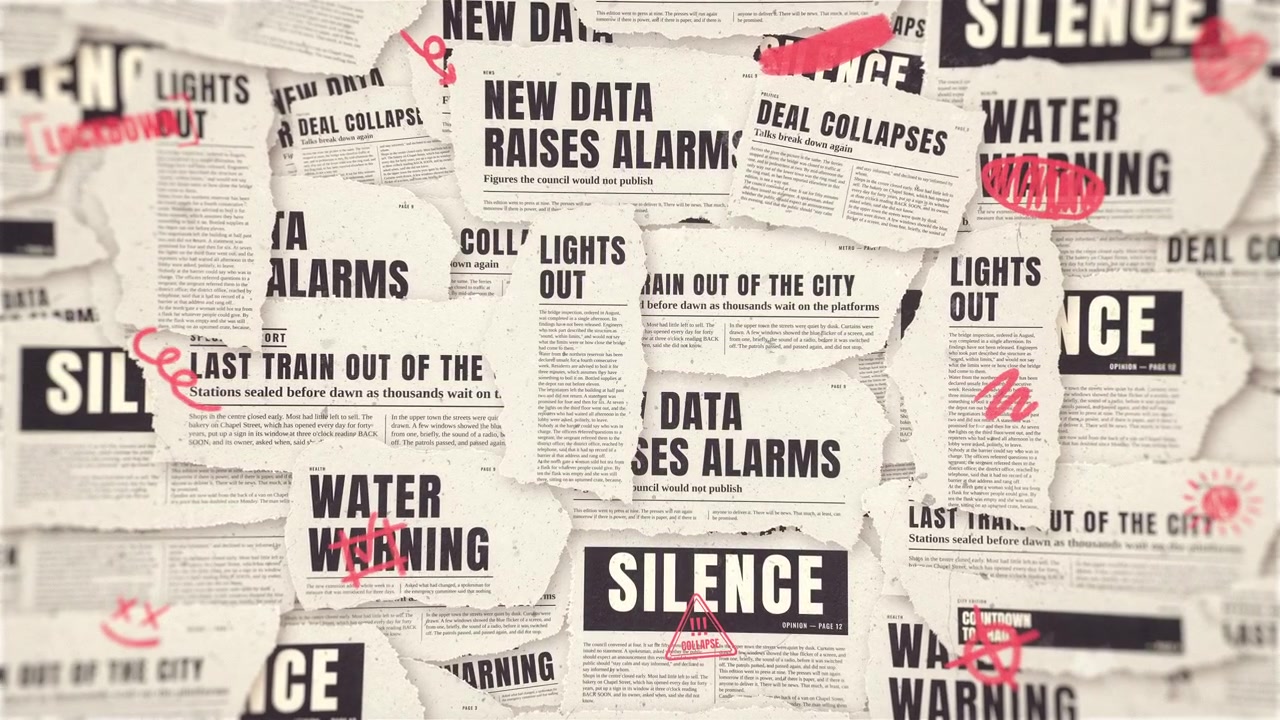 Animated Newspaper Collage with Red Handwritten Marks