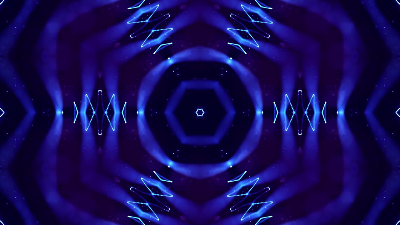 4k looped sci-fi 3d background with glow blue particles form lines, surfaces, complex symmetrical structures like star in kaleidoscope. Abstract theme of microworld or nanotechnology 30