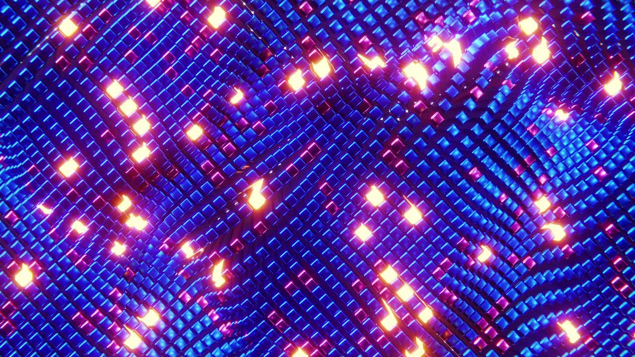 Struttura animata a onda di cubi blu in movimento con bagliore e luminosità. Animazione in loop infinito.