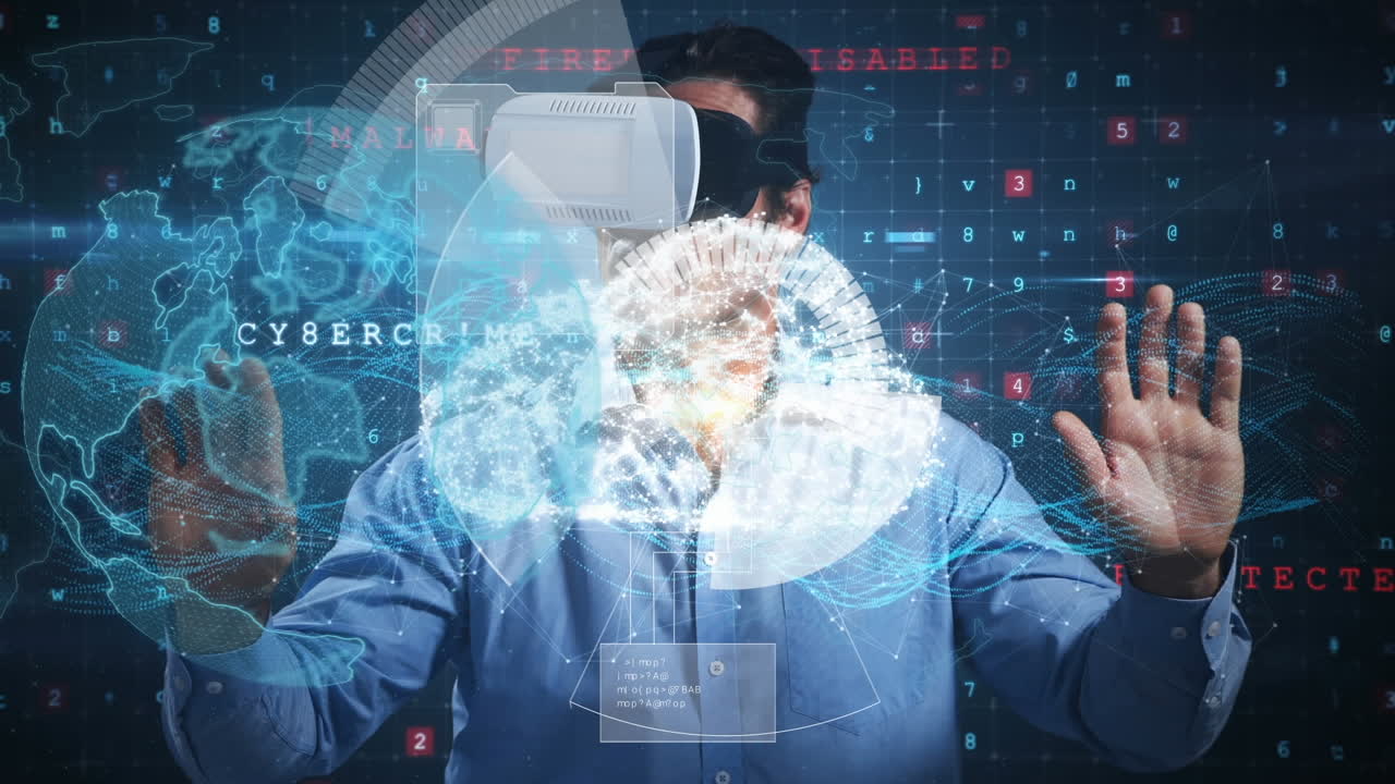 animación de globo sobre globo, cerebro humano, hombre con auriculares vr y procesamiento de datos