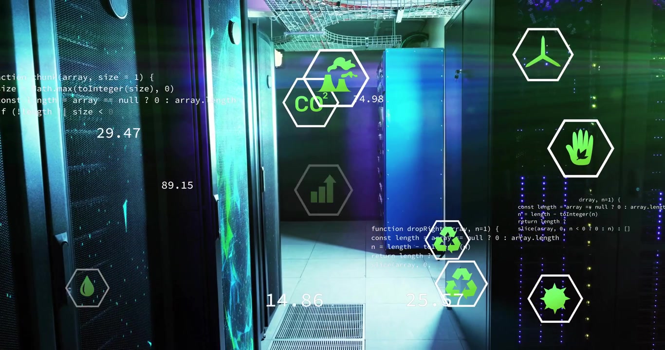 On clip start, server rack corridor displaying hex icons sliding, pulsing, updating live metrics