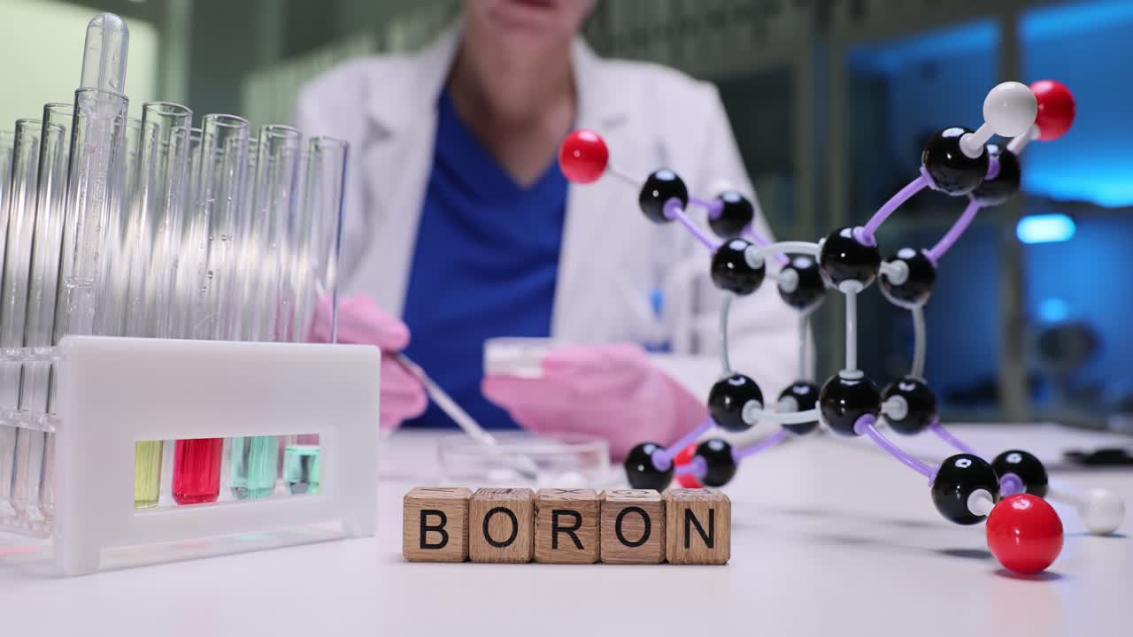 Scientist Working in a Chemistry Lab with Boron Model and Test Tubes