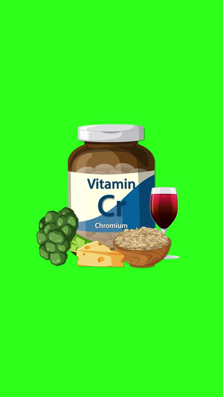 Un flacone di vitamine al cromo appare con verdure, formaggio, cereali e vino su uno sfondo verde brillante.