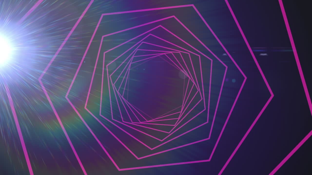 formas hexagonales que giran en movimiento sin costuras contra el punto de luz sobre fondo azul