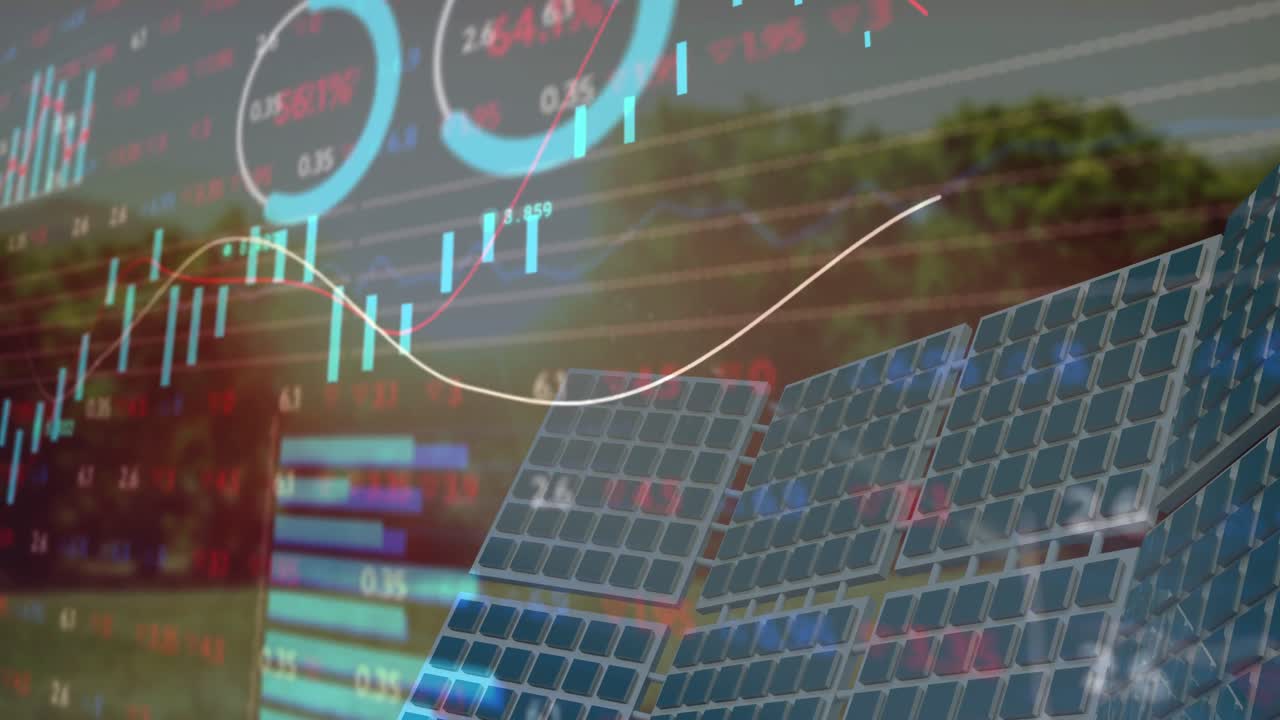 태양 전지 패널과 풍경에 대한 데이터 처리의 애니메이션