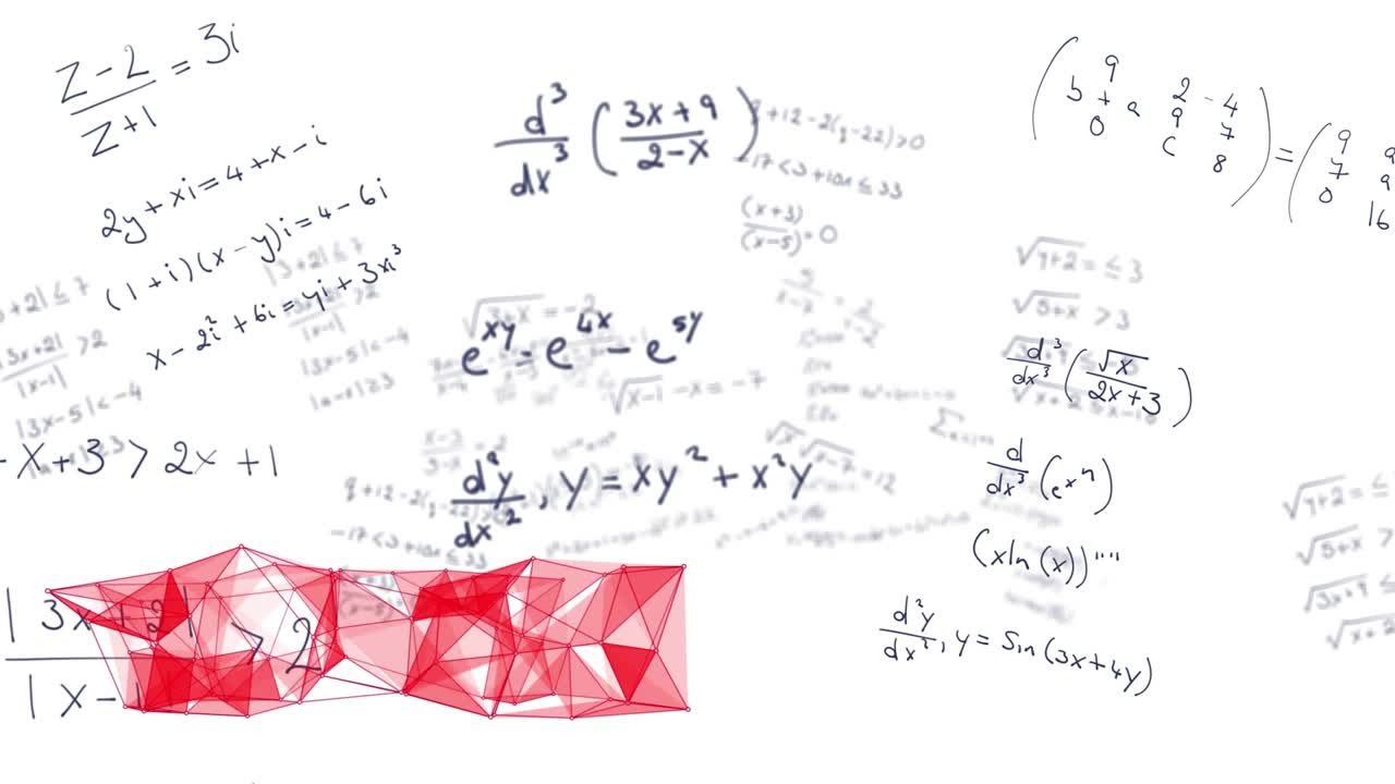 Animation of red shapes over mathematical equations on white background