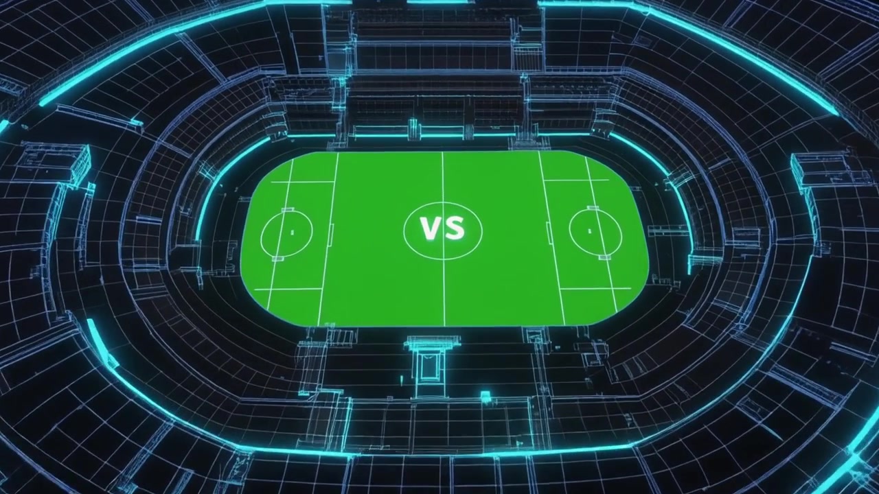 Digital trådrammeanimasjon av et sportsstadion med versus-grafikk