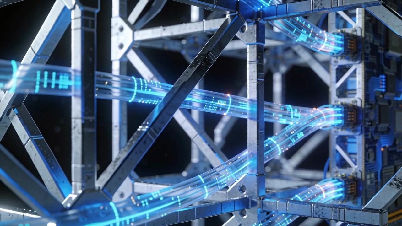 Pulling back camera revealing metal lattice with clear tubes feeding PCBs in dark void for data
