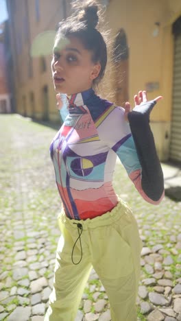 stylish woman in colorful printed outfit