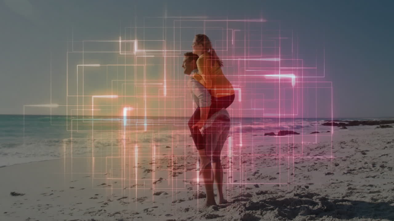 Man carrying woman piggyback on beach shore, with neon technology circuit lines glowing around duo