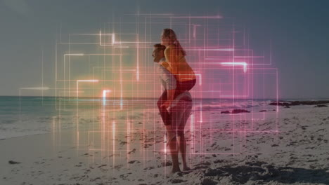 man carrying woman piggyback on beach shore, with neon technology circuit lines glowing around duo
