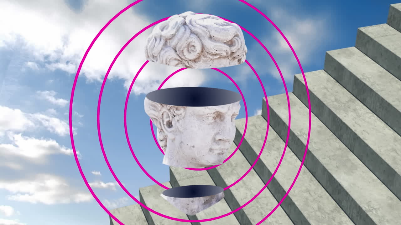 анимация античной скульптуры с разрезанной головой розовые круги, лестница и облака