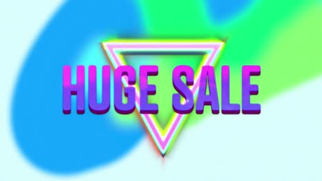 Animation-of-huge-sale-text-in-glowing-purple-letters-over-neon-triangles-and-waving-shapes