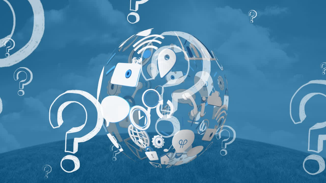 물음표, 디지털 아이콘 및 파란색 배경에 회전하는 지구의 애니메이션