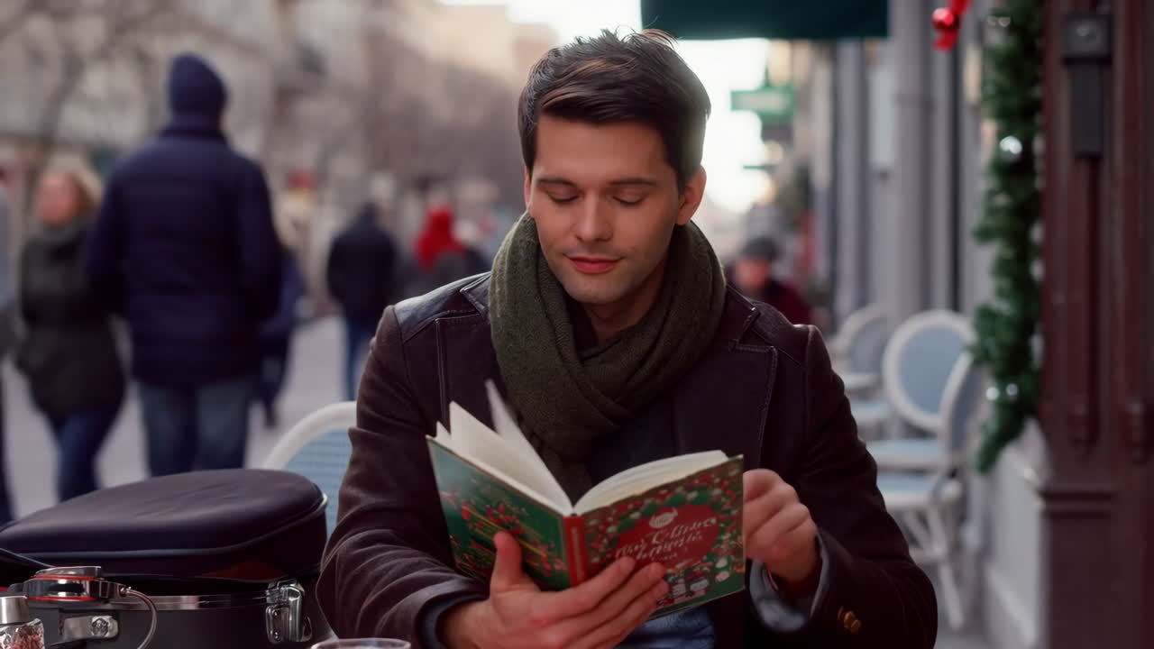Man reading a book at an outdoor cafe