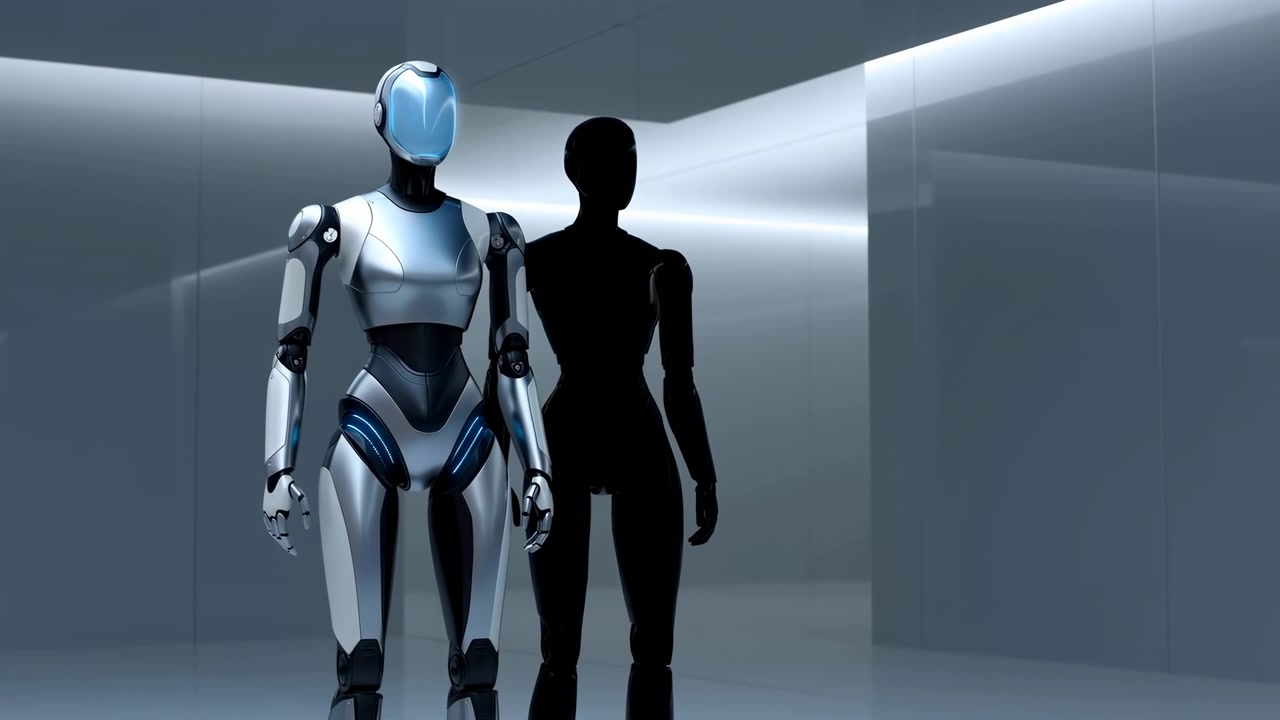 Silhouette futuristica di robot umano in piedi in un elegante laboratorio clinico, pavimento riflettente e pareti di vetro, cromo