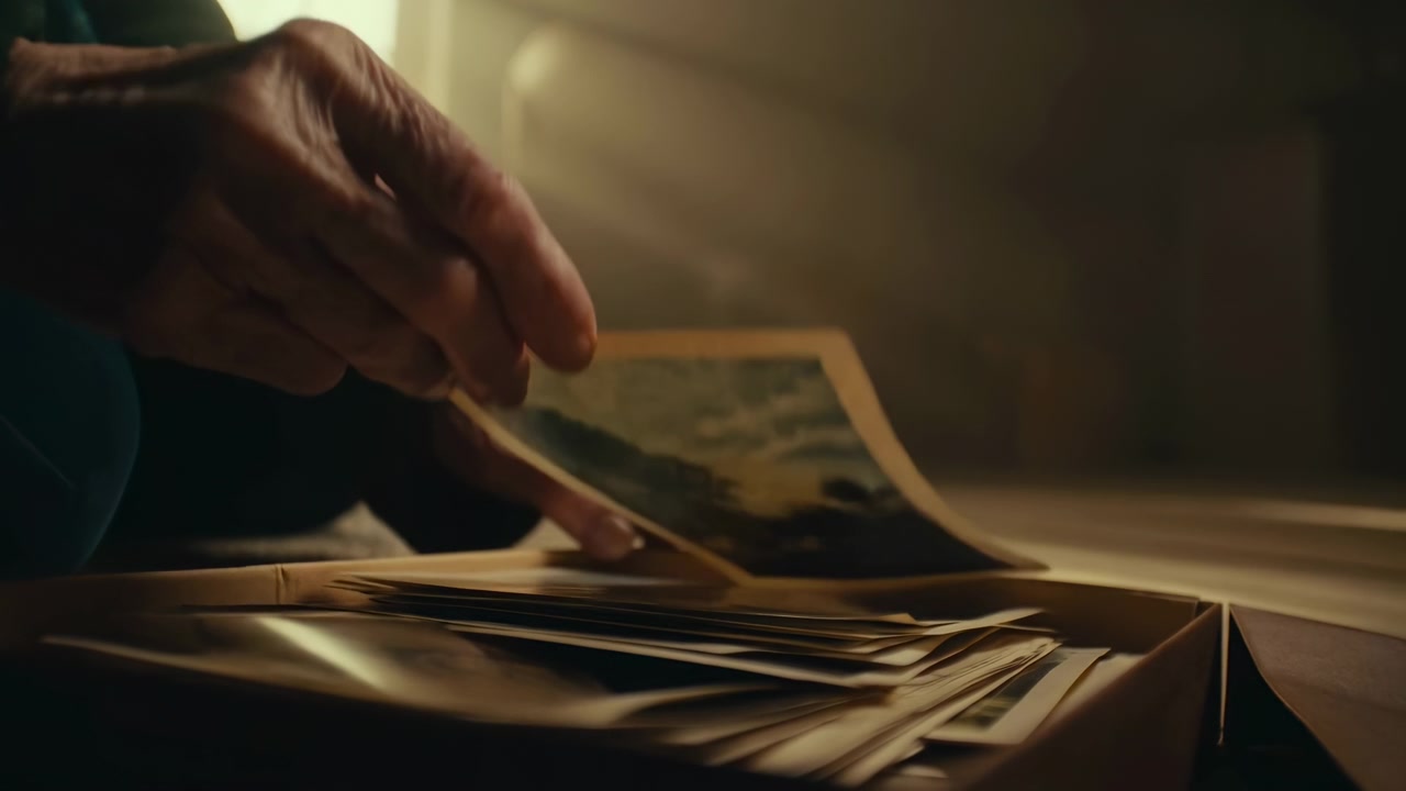 Hände trennen und heben vorsichtig abgenutzte Fotoabzüge aus einem vollgepackten Karton, wobei geschichtete Papierkanten sichtbar werden, während goldenes Innenlicht über die Tischplatte und Finger fällt