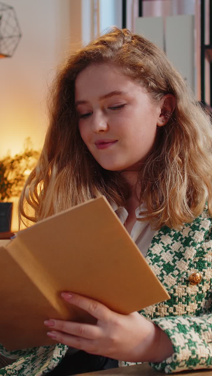 Businesswoman reading interesting book turning pages smiling enjoying literature taking a rest