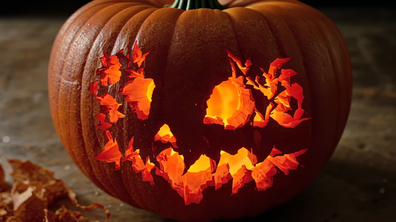 Flickering candle inside jack-o'-lantern shifting glow on wooden table, illuminating toothy grin