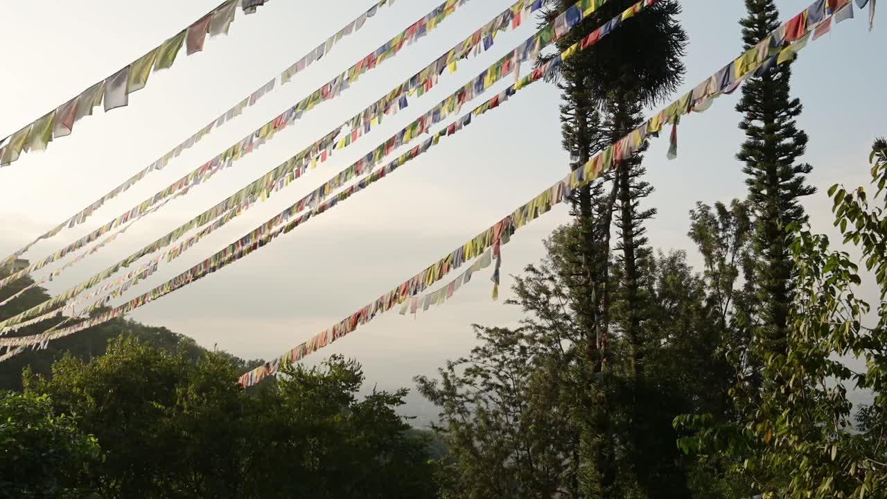 Prayer Flags at Monkey Temple in Kathmandu in Nepal, Bright Colourful Buddhist Prayer Flags of Bright Colorful Colors at the Sacred Holy Religious Site for Buddhism
