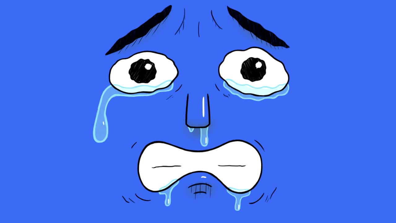 animación dibujada a mano de una cara triste llorando aislada sobre un fondo azul